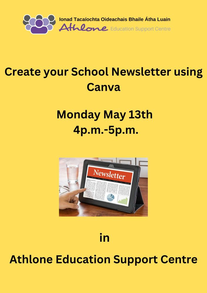 ✂️📰 Ready to craft a newsletter that captures the heart of your school's happenings? Don't miss out on our FREE workshop 'Create Your School Newsletter in Canva' on May 13th at the Athlone Education Support Centre. 🔗athloneeducationcentre.com/cpd-courses/pr…