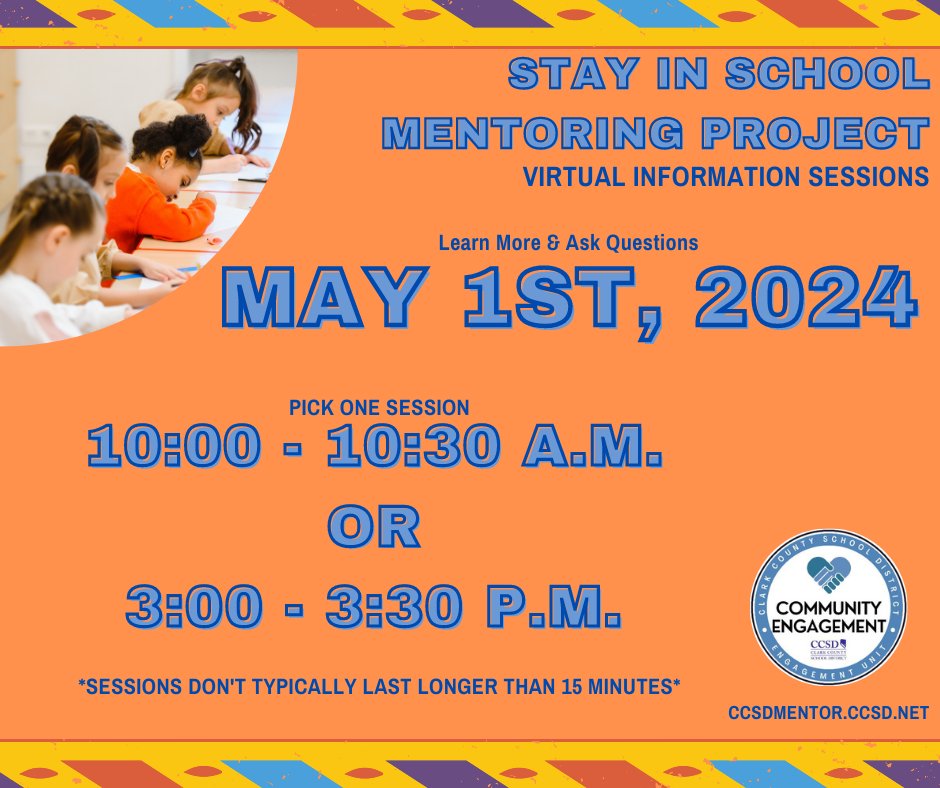 Do you have a positive message to share with CCSD students? We'd love to have you as a CCSD Mentor! Attend an upcoming information session to learn more. Register here: weareccsd.net/3qjY8bs