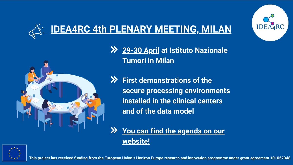 This afternoon will start the 4th plenary #meeting of the #IDEA4RC project.
Partners will gather in Milan to share progresses, perspectives and discuss the next steps towards the building of the #RareCancers #Data ecosystem. 
🗓️Here you can find the agenda
idea4rc.eu/2024/04/15/fou…