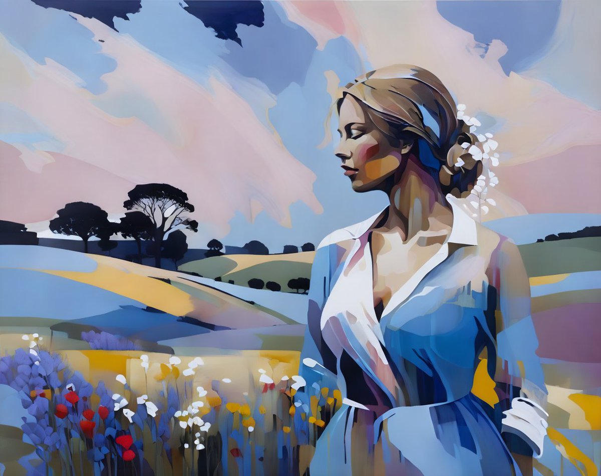 Definite favorite 🎨❤️
 
In the oil's embrace, she stands, a vision fair,
Her silhouette a window to the countryside's air.

#MondayFeeling #MondayVibes #country #image #aiart #art #ai #digitalart #illustration #aiartwork #aiartworks #painting #abstract #aiartist #oilpainting 🙂