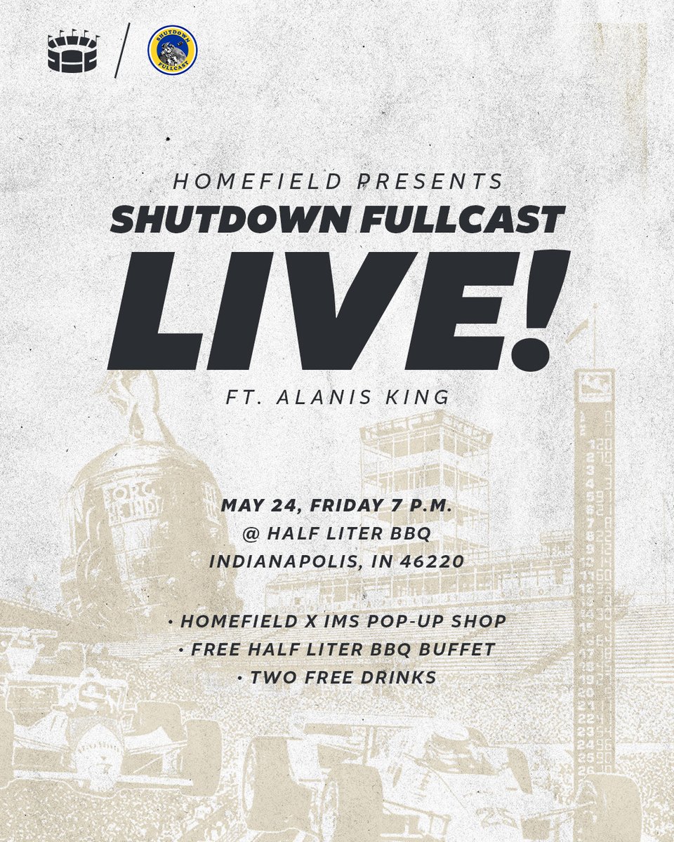 We proudly announce the next event in Season of Speed: SHUTDOWN FULLCAST LIVE! featuring @alanisnking - May 24. 7pm. Indianapolis. - @ShutdownFullcas live show following Carb Day. - Homefield x IMS Pop-up Shop. - BBQ Buffet. - Free drinks. eventbrite.com/e/homefield-pr…