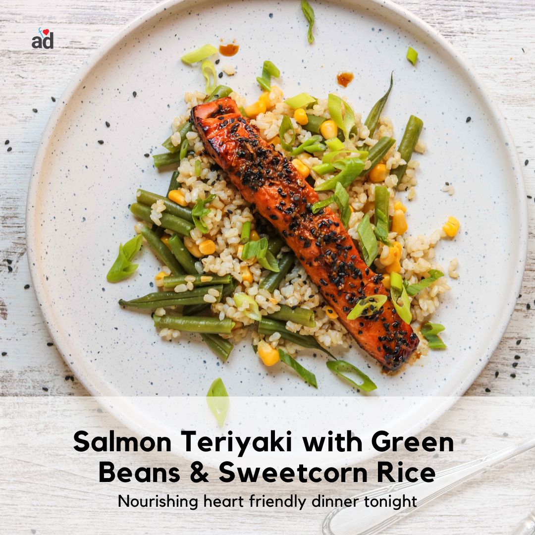 Salmon Teriyaki with Green Beans & Sweetcorn Rice Nourishing heart-friendly dinner tonight l8r.it/Ah4k #salmn #saladseason #roastedveggies #roastedveg #salmoncakes #salmone #salmonfillet #salmonlove #salmonlovers