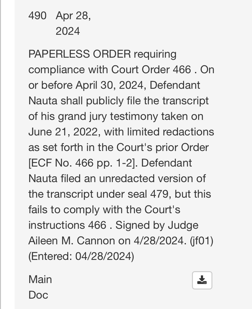 NEW: Judge Cannon in the MAL classified docs case, enters an order directing Trump co-defendant, Walt Nauta, to file, on or before Tuesday, the limited-redacted transcript of his grand jury testimony (from 6/21/22).