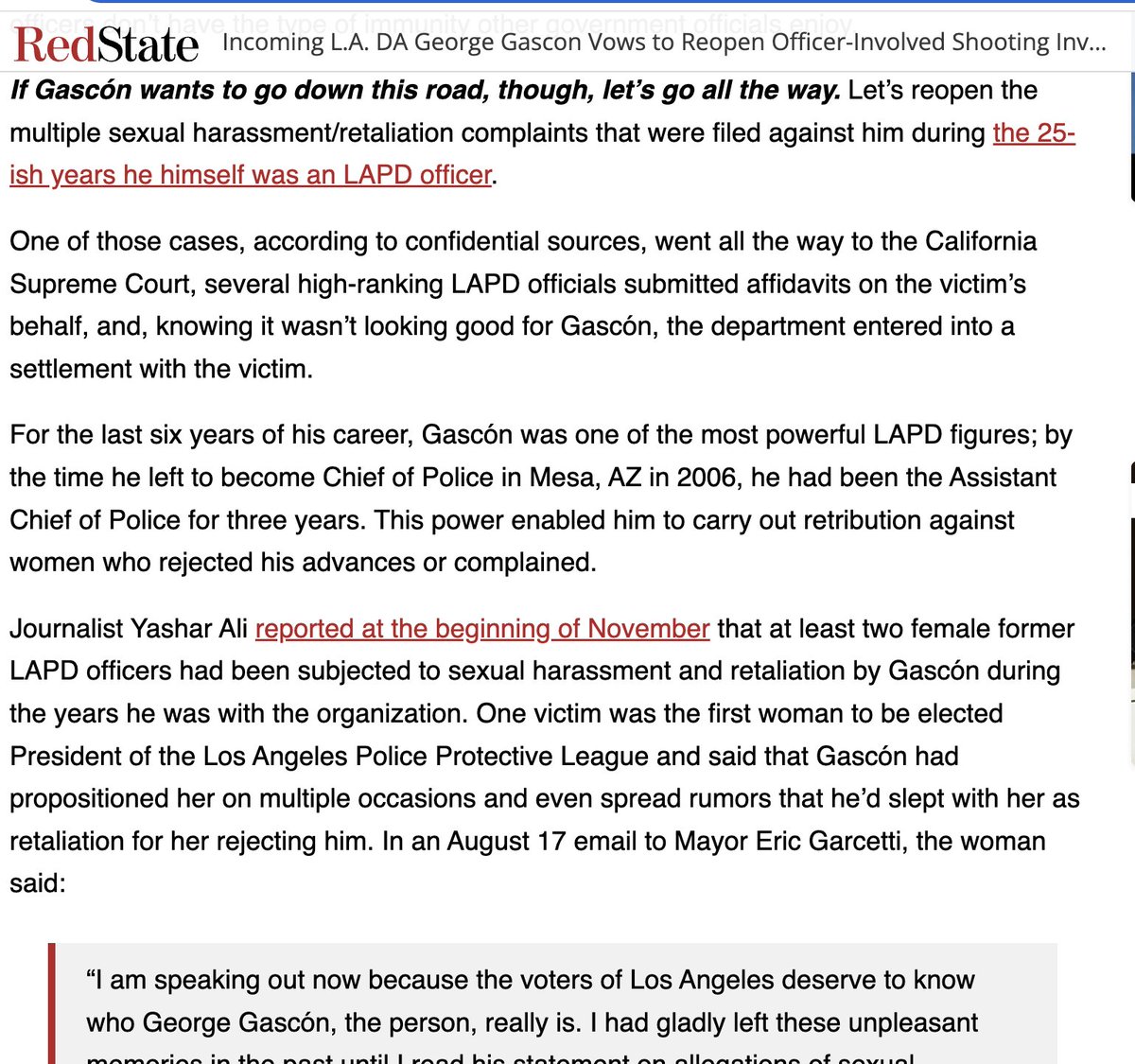 If George Gascón really cares about police accountability and thinks that access to personnel files is the way we get that accountability - let's start with HIS file from his 20+ years as an LAPD officer. MULTIPLE sexual harassment/retaliation claims were filed against him.