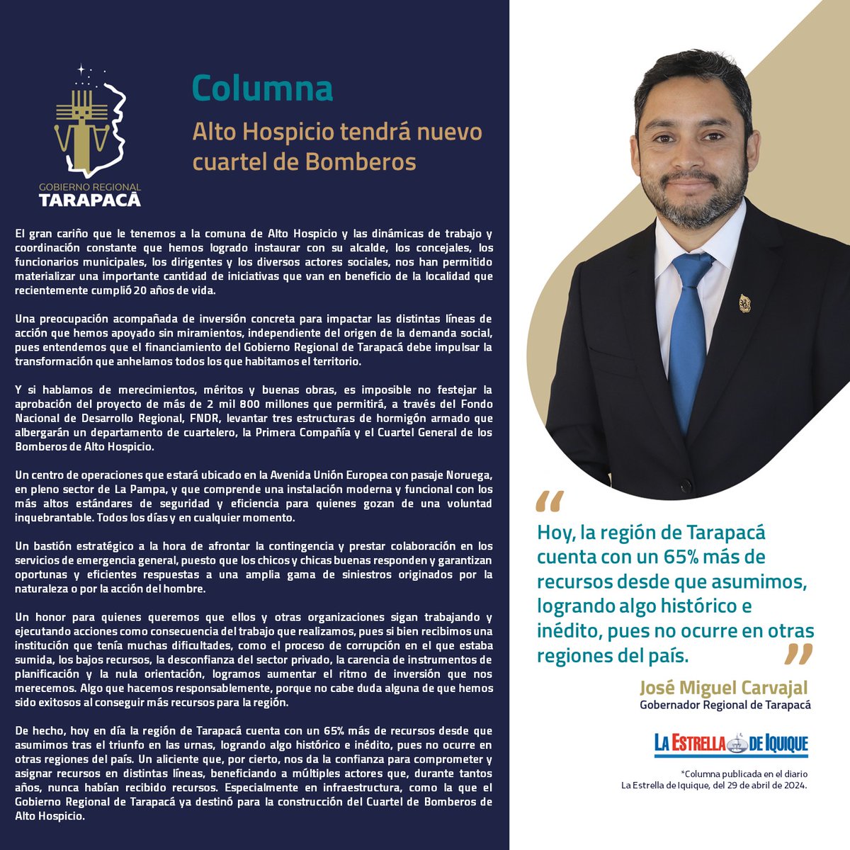 #ColumnaDeOpinión 🗯️ Te invitamos a leer la columna de opinión del Gobernador @JMCarvajalG, '#AltoHospicio tendrá nuevo cuartel de #Bomberos'. Puedes revisarla en la edición de hoy de @laestrellaiqq. 🗞📲 #GobernandoDesdeLosTerritorios #Iquique #AltoHospicio #Tamarugal