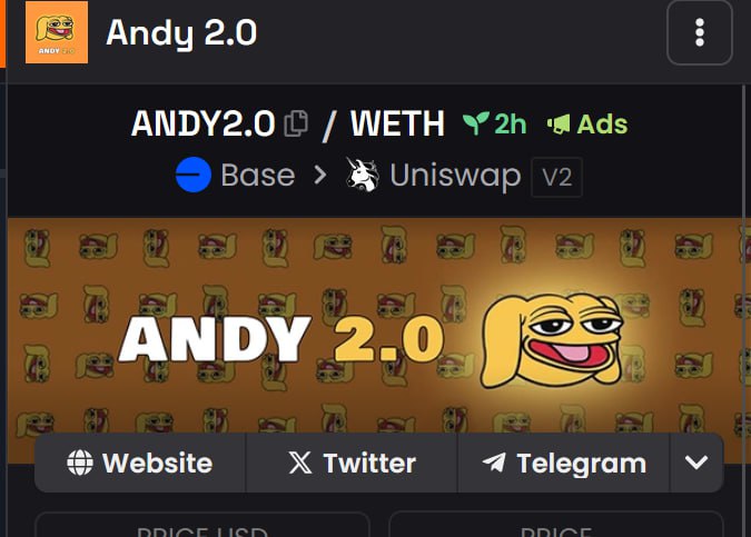 Andy2Point0Base's tweet photo. DEXSCREENER ADS ANYONE???

https://t.co/HZAdyfPa94 

#ANDY2 #ANDY #BASE #ETH #ERC #BOYSCLUB #PEPE #BRETT https://t.co/HA6lOSCKsj