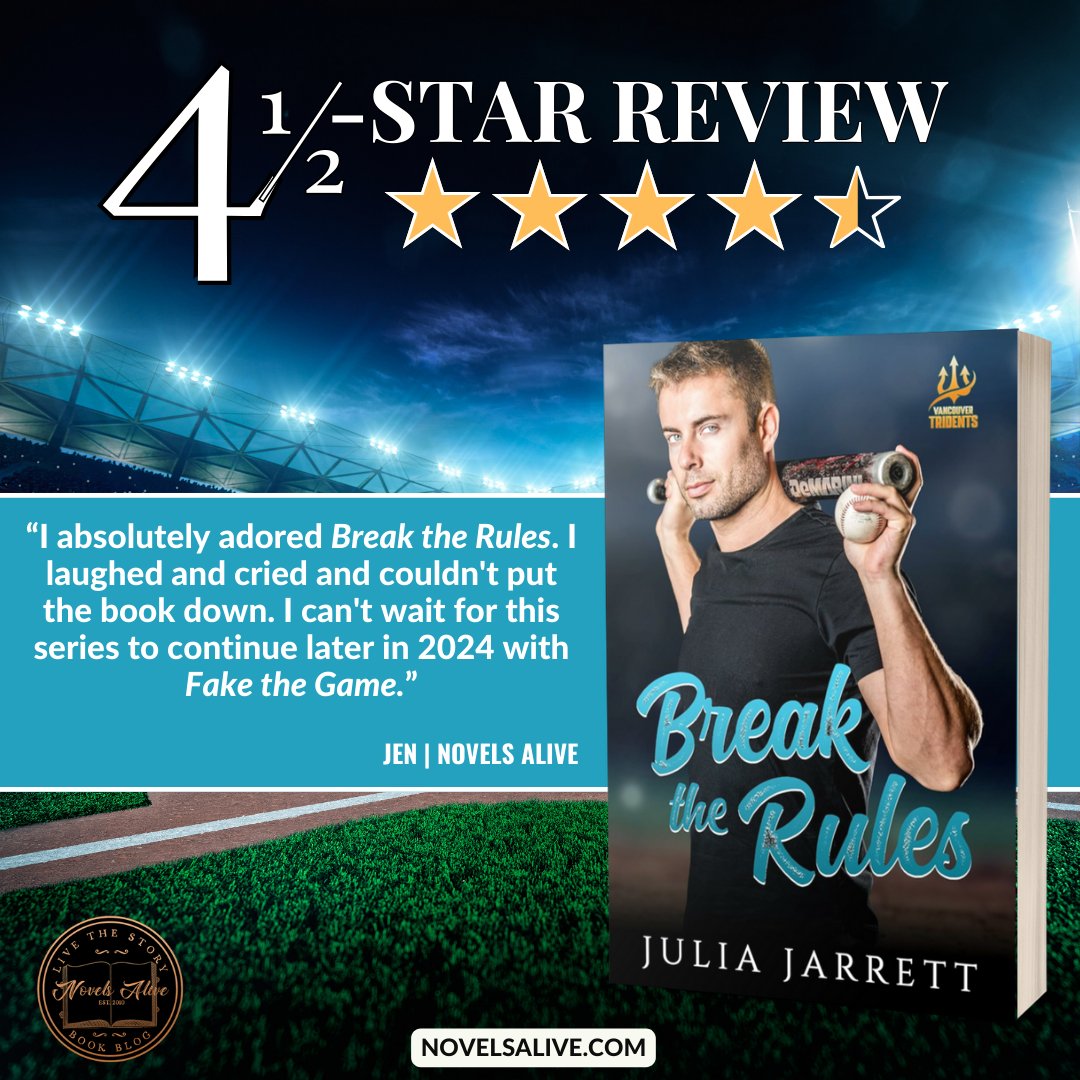 4.5-STAR REVIEW⭐️⭐️⭐️⭐️💫: BREAK THE RULES by Julia Jarrett 

👉I absolutely adored BREAK THE RULES. I laughed and cried and couldn't put the book down. I can't wait for this series to continue later in 2024 with FAKE THE GAME. bit.ly/3WqjUb8 #bookreview #sportsromance