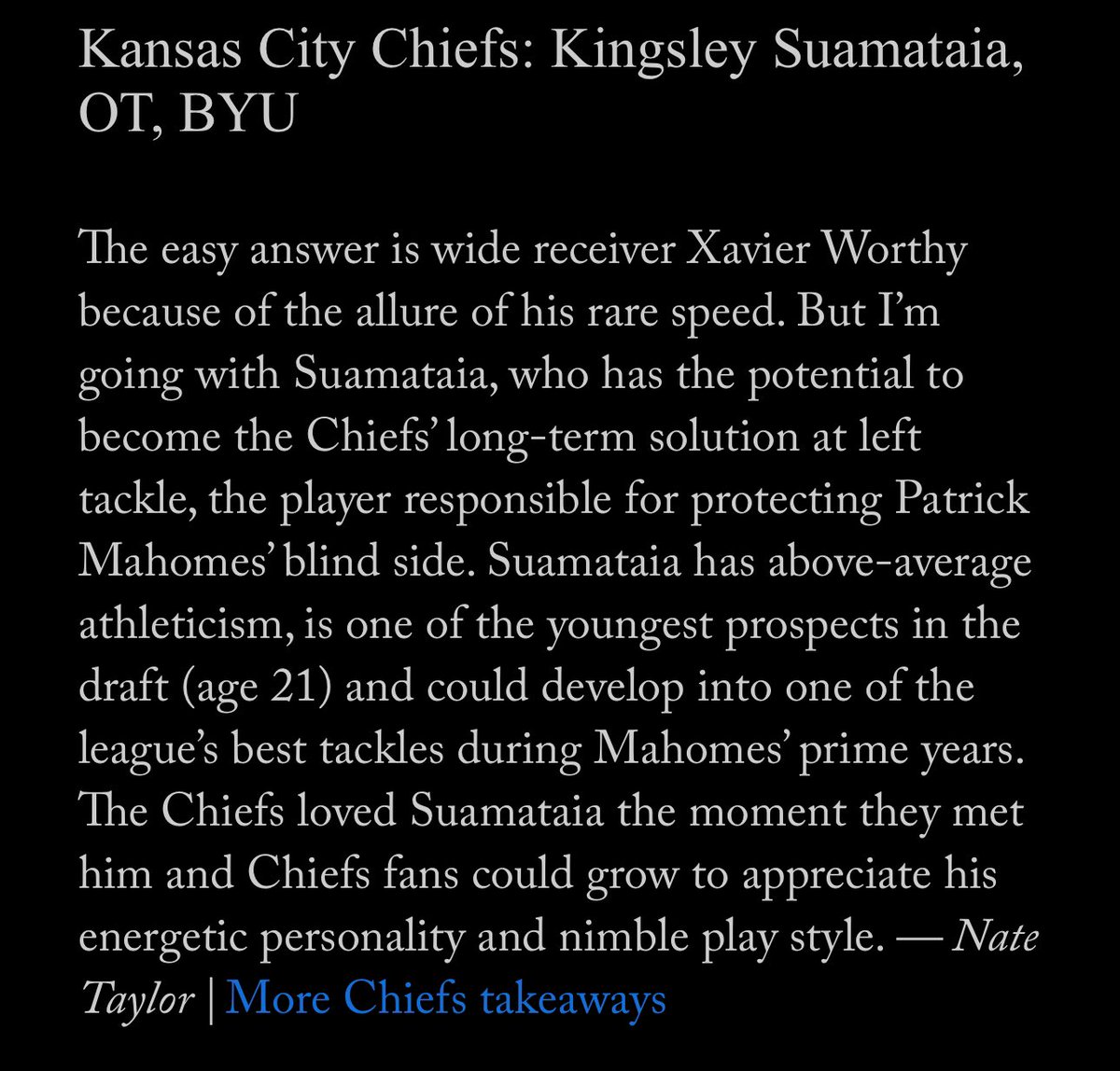 .@ByNateTaylor’s favorite #Chiefs pick: