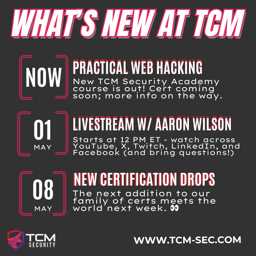 We're starting May with a livestream with Aaron Wilson this Wednesday! More info about our newest certification is on the way too, and don't forget that the Practical Web Hacking course is out now. Enjoy the rest of your weekend and we will see you soon.
