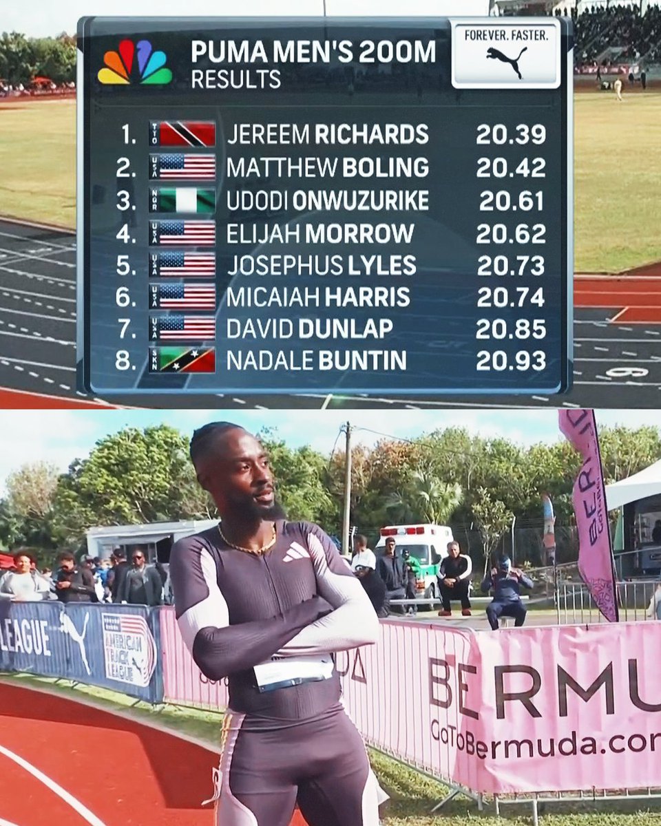 USATF Bermuda Grand Prix: men's 200m results 20.39🇹🇹Jereem Richards 20.42🇺🇸Matthew Boling 20.61🇳🇬Udodi Onwuzurike 20.62🇺🇸Elijah Morrow 20.73🇺🇸Josephus Lyles 20.74🇺🇸Micaiah Harris 20.85🇺🇸David Dunlap 20.93🇰🇳Nadale Buntin