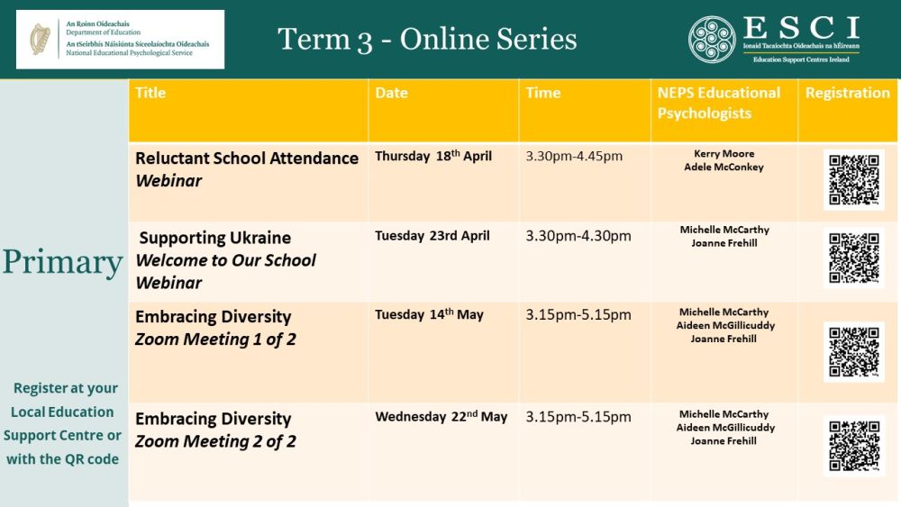 🌐 Primary teachers, join the first of two NEPS Embracing Diversity Zoom Meetings on 14th May, 3:15pm! Engage with experts on fostering an inclusive environment and enhancing your teaching practice. Let's build a culturally rich future for our students! 🔗athloneeducationcentre.com/cpd-courses/pr…