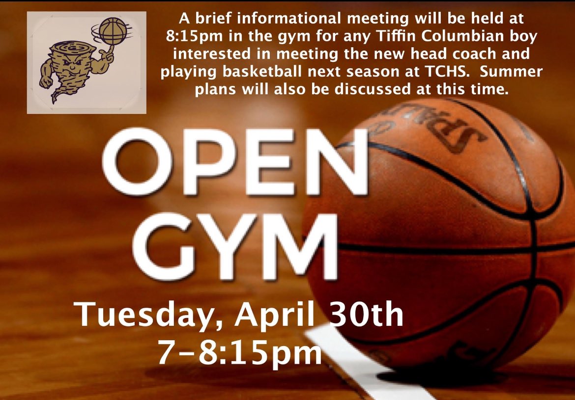 Open gym and potential player meeting information are below.
Open Gym: Tuesday, April 30th - 7-8:15pm
Player Meeting: 8:15pm
TCHS gymnasium