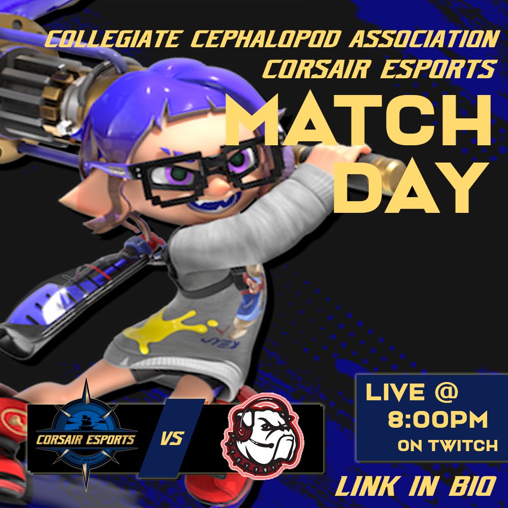 UMassdesports's tweet photo. At 8pm TONIGHT, our Splatoon team starts their semifinal match against @EsportsUGA! Tune in to our main Twitch and cheer them on. Go Corsairs!
#umassdartmouth #CorsaireSports #eSports #collegiate #ForgedAtSea https://t.co/4TXIiQX5jv