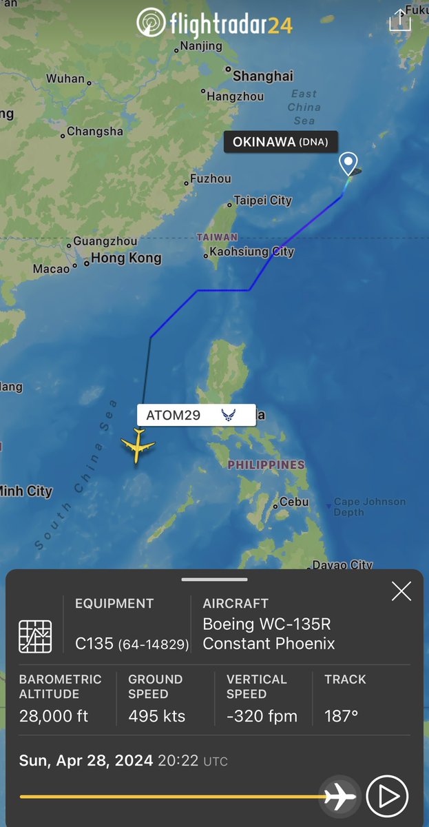 USAF WC-135R Constant Phoenix (64-14829) “nuclear sniffer” over South China Sea today.