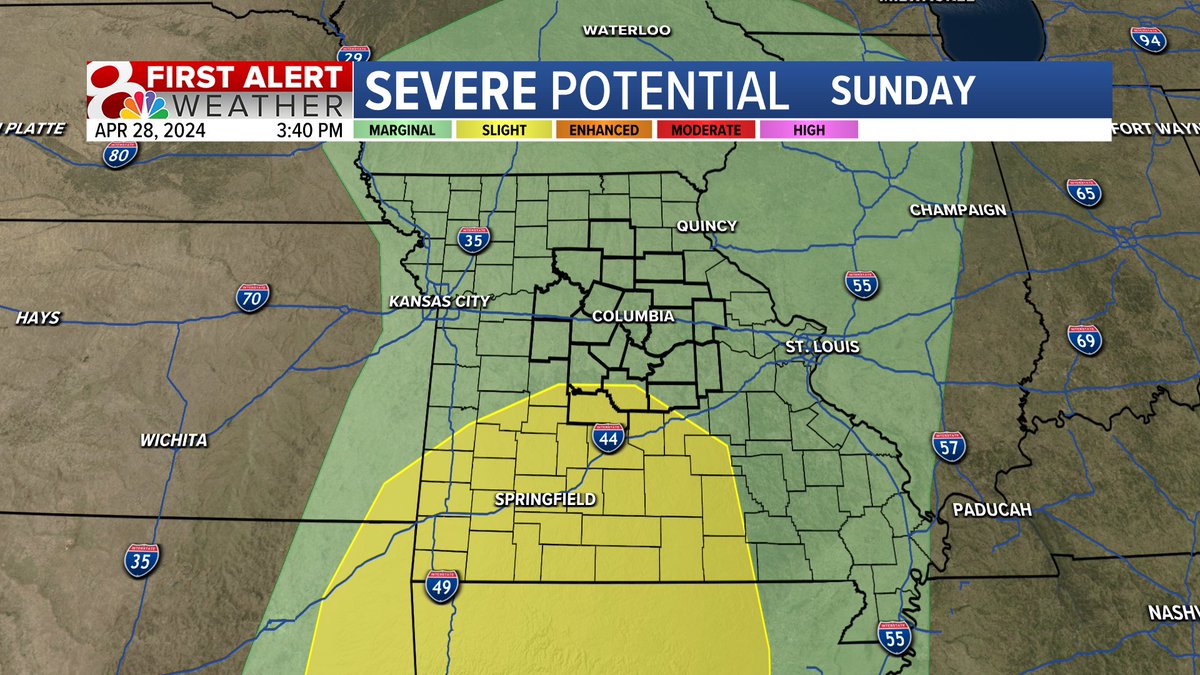 Sunday 3:45PM: Mid-Mo's severe threat is looking low, thanks to clouds that have kept instability low. However, we are expecting some showers & thunderstorms to form over the next few hours, mainly south of I-70 & east of Hwy 63. Can't rule out a stray strong to severe storm.