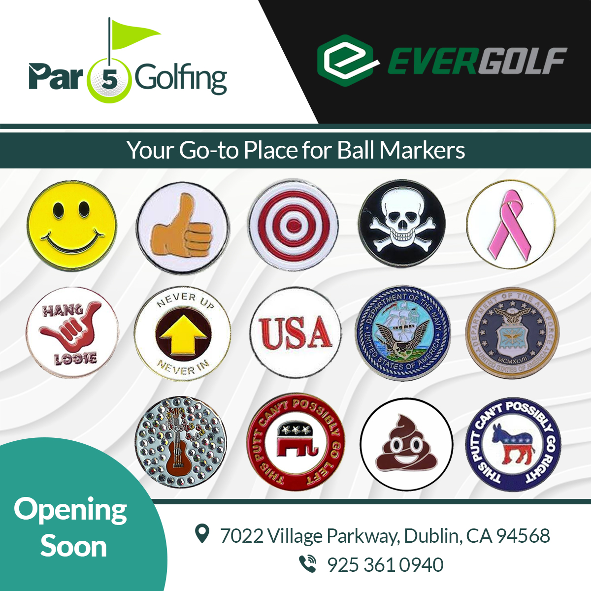 #Par5Golfing is going to be your primary go-to shop for #EverGolf and other #ballmarkers in Dublin, CA. Opening soon. Stay tuned! 

#golf #golfing #golfevent #golftravel #golfclub #golfpro #golfer #golffun #golftraining #golfstore #PGA #tour #masters