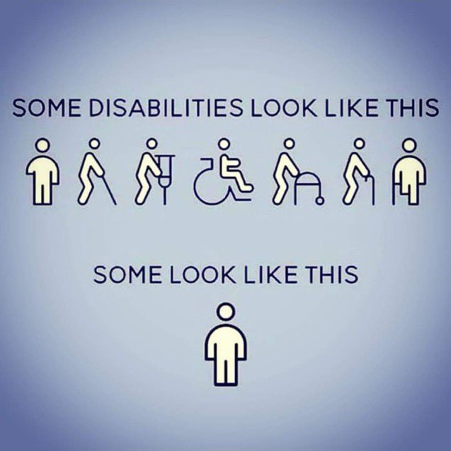 There are many types of disabilities; such as physical, hidden/invisible or mental disorders. 

But we all deserve to be treated equal. #invisibledisease