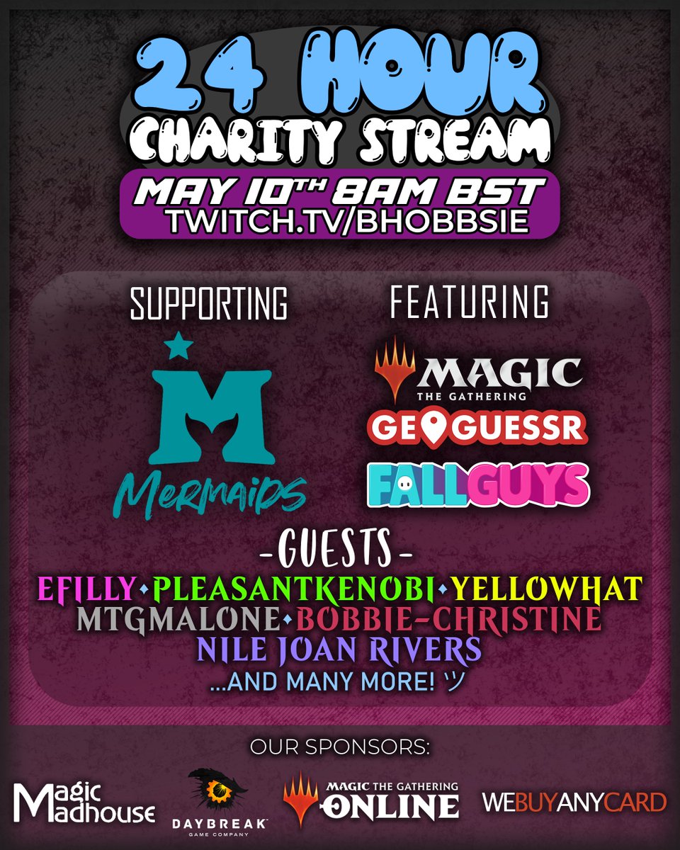 HOLY SHIT EVERYONE I AM SO EXCITED. On the 10th May I will be doing a 24h stream in aid of Mermaids. Amazing guests, commander, cube drafts, GeoGuessr, Pokemon, Fall Guys. Take the day off so I can see you all there!