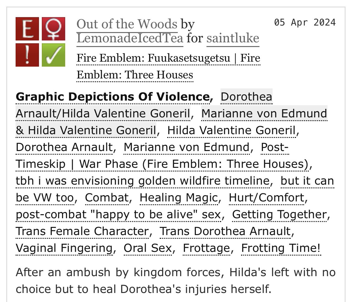 And for the #fe3hfemslashex I received this amazing story by @ /LemonadeIcedTea (on ao3) 

An absolutely perfect hurt/comfort Hildathea story 🥺🥺🥺 

Tysm for these lesbians!!! ❤️🧡💗
