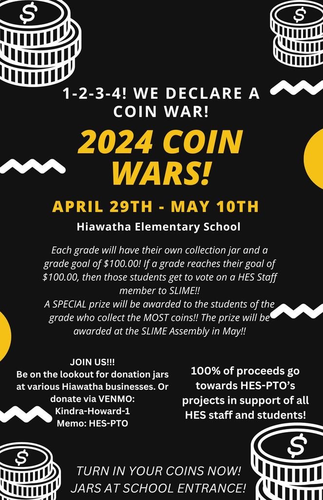 Coins wars at HES starts tomorrow! Which grade level will get to slime the staff of their choosing?!🔴🔵 #HESRedHawks #USD415 #RedHawkReady #Hiawathaks #HiawathaKansas #VisitHiawatha 🔴🔵