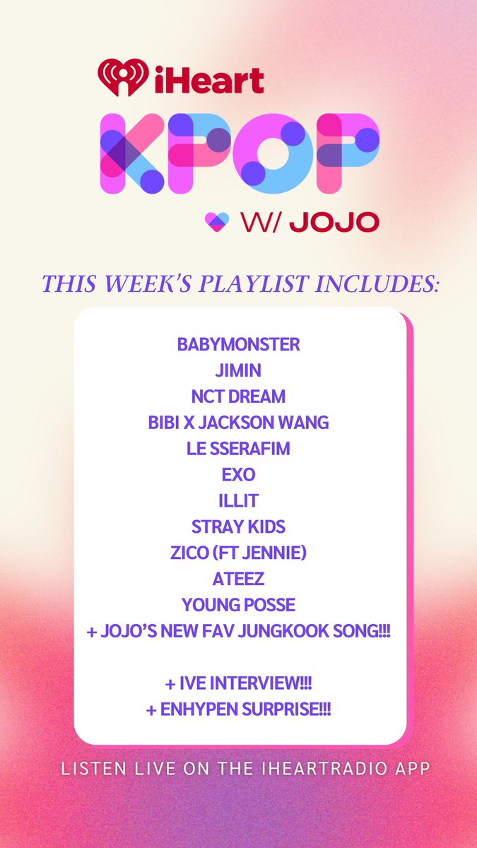 NONSTOP KPOP TONIGHT ON #KPOPWITHJOJO AT 8PM! Hear an interview with @IVEstarship and music by @YGBABYMONSTER_, @nakedbibi x @JacksonWang852, @le_sserafim, @weareoneEXO, @ILLIT_twt, @zico_koz x #JENNIE, and more! PowerAtl.com/listen