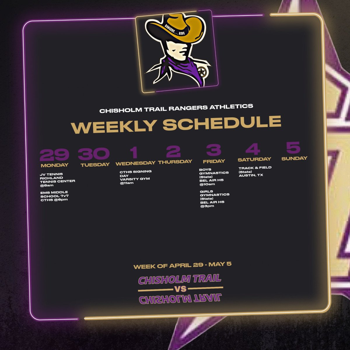 Happy Sunday, Ranger Nation The following schedules are for the week of 4/29 - 5/5 🏈ALL PLAYERS REPORT FOR PRACTICES (9th-11th Grade) 🎯ALL @ChisholmTrailHS ATHLETIC SCHEDULE 🟣🟡🪖🐎🎖#RangersRide #StayPurple #F4 #TTP #PTT #NRE