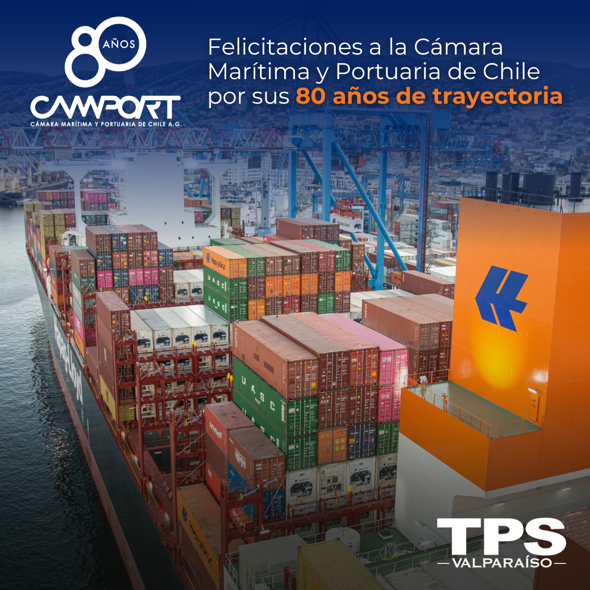 TPS_Valparaiso's tweet photo. Hoy saludamos a todos los integrantes de la Camport en este nuevo #aniversario 🙌 Son 80 años de trayectoria, aportando en el desarrollo sostenible de la actividad marítima y portuaria, contribuyendo así al comercio exterior de #Chile 🇨🇱🌊

#camport #aniversario #saludo https://t.co/L1Dy9JuMS4