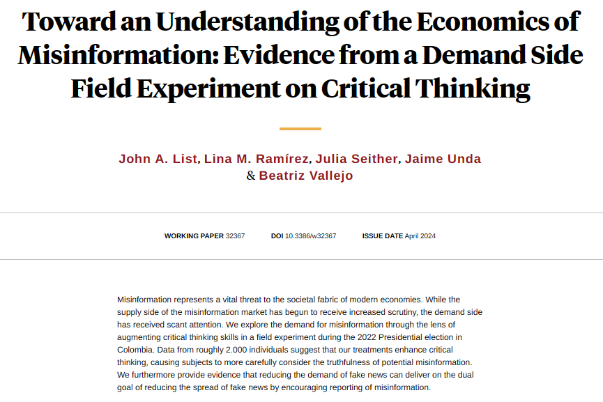 Attacking the spread of misinformation from the demand side, from @econ_4_everyone, Lina M. Ramírez, @juliaseither, Jaime Unda, and Beatriz Vallejo nber.org/papers/w32367