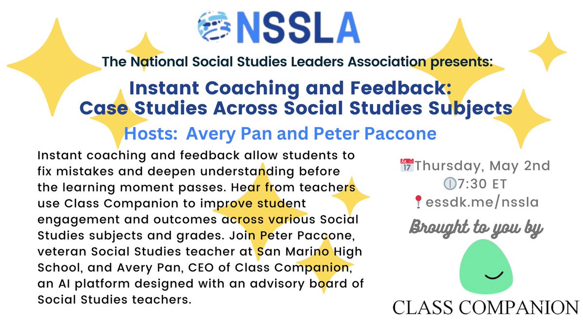 Join us this week! We are excited to learn with @ClassCompanion_ this Thursday! @NCSSNetwork ⏰7:30 ET 📍essdk.me/nssla