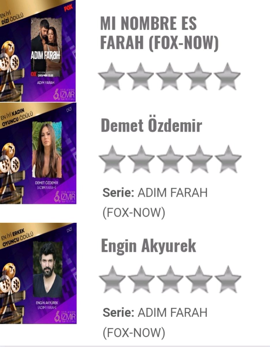 A VOTARRRR 🙏🙏🙏
👇👇👇👇👇👇👇👇👇👇
izmirfilmfest.org/oylama/diziler…
#AdimFarah 
#DemetÖzdemir #EnginAkyürek
#ŞükrüÖzyildiz 
#DemetÖzdemir 
#AskTaktikleri2