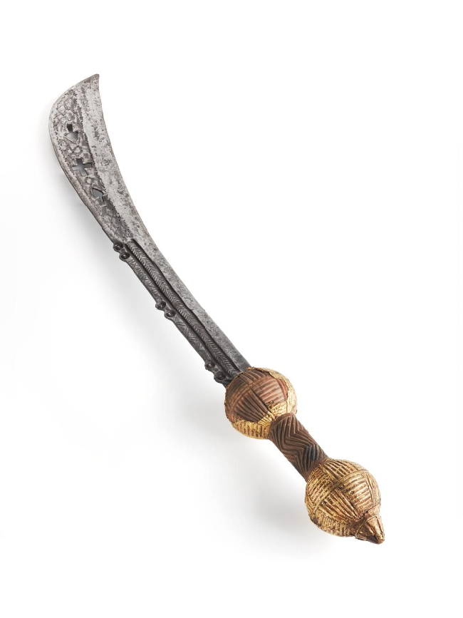 Curved steel sword with a wooden handle that is decorated with a gold leaf, Asante empire