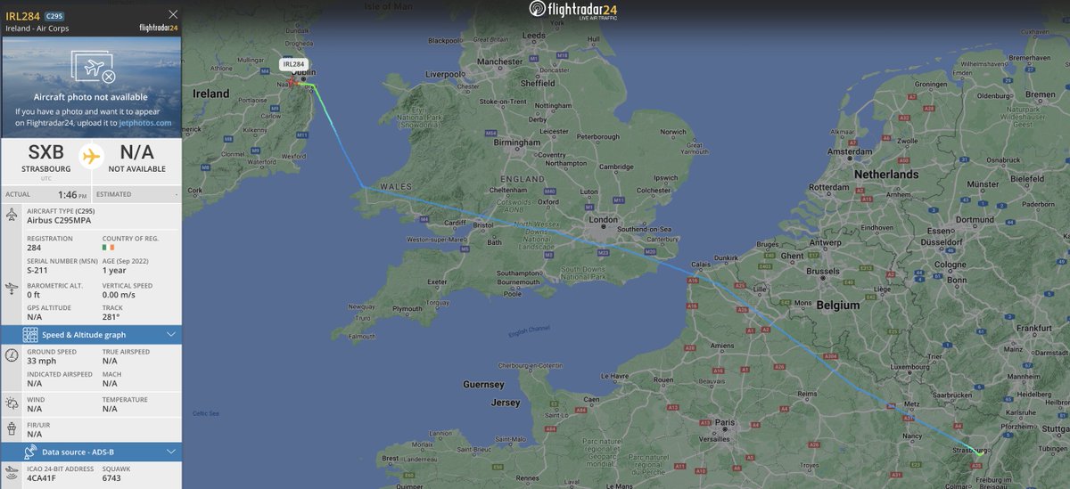 #IAC irish air corps C295 MPA seen on the flight radar coming in for approach and landing at casement aerodrome dublin, flight having departed from strasbourg france. #IRL284 #4CA41F