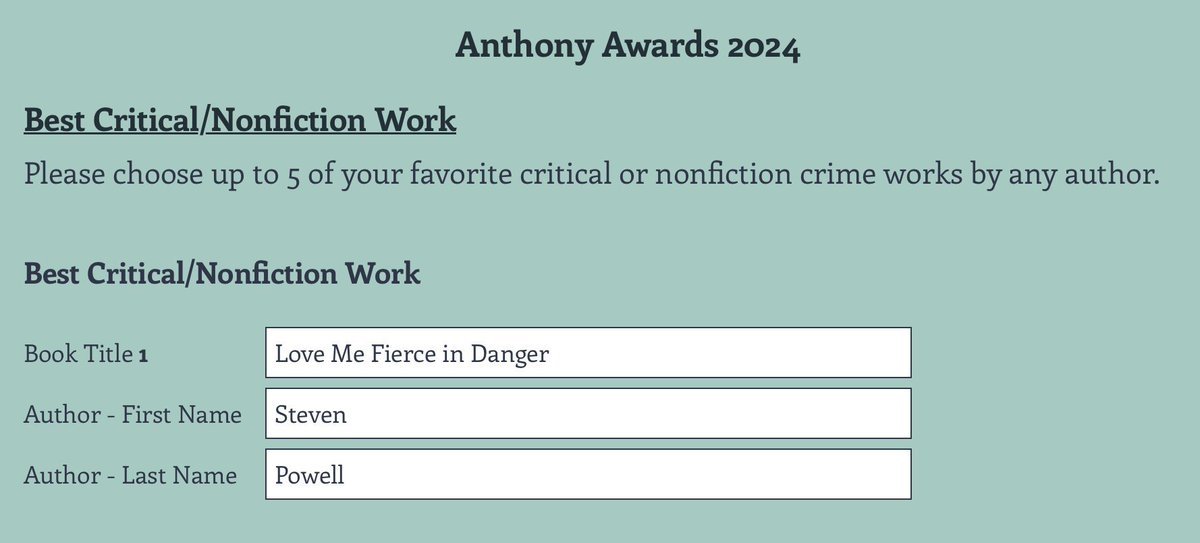 Thank you to everyone who has been in touch to say they have nominated LOVE ME FIERCE IN DANGER: THE LIFE OF JAMES ELLROY for #AnthonyAwards2024. There's still time if you haven't returned your ballot yet.