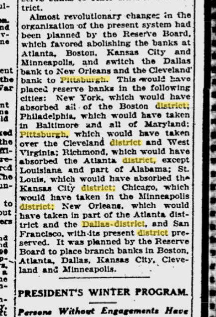 Fed History nerds: in 1915, the BoG approved a plan to abolish the FRBs at Atlanta, Boston, KC and Minneapolis, move the Dallas Fed to NOLA and move the Cleveland Fed to Pittsburgh. This was stopped by the Attorney General who ruled that only Congress could move or abolish FRBs.