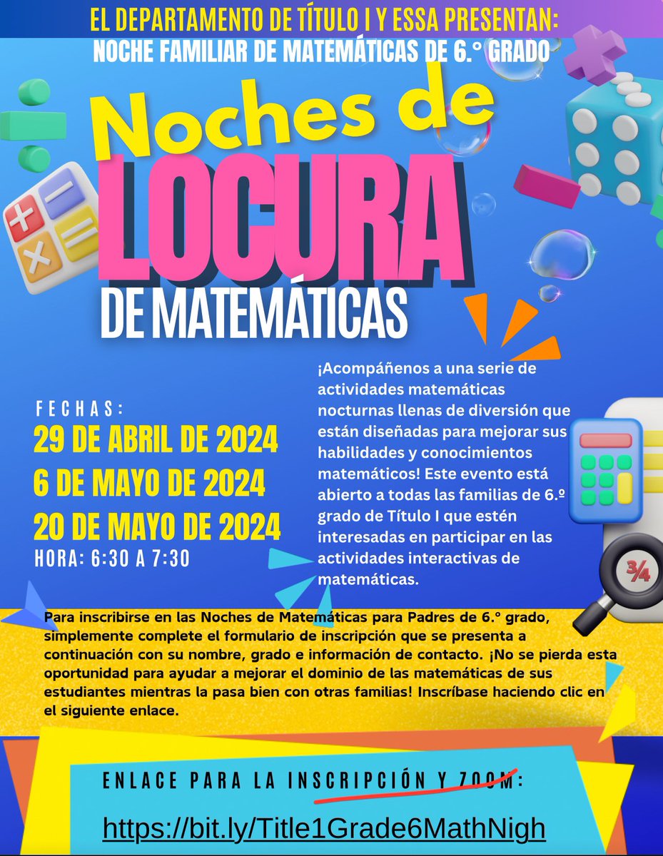 A series of fun filled evening math activities that are designed to enhance your math skills and knowledge! This event is open to all Title l 6th grade families who are eager to engage with interactive math activities. Great opportunity, take advantage!