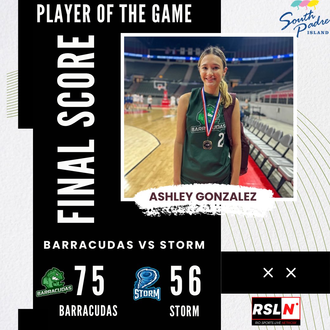 The Economy Awards Co. Player of the Game goes to Ashley Gonzalez of the Barracudas. Gonzalez scored 26 points, helping the Barracudas to a 75-56 win over the Storm. #RSLBasketball🏀 #RSLNBasketballShowcase2024 “Brought to you in part by T-Mobile. Now serving Raymondville,