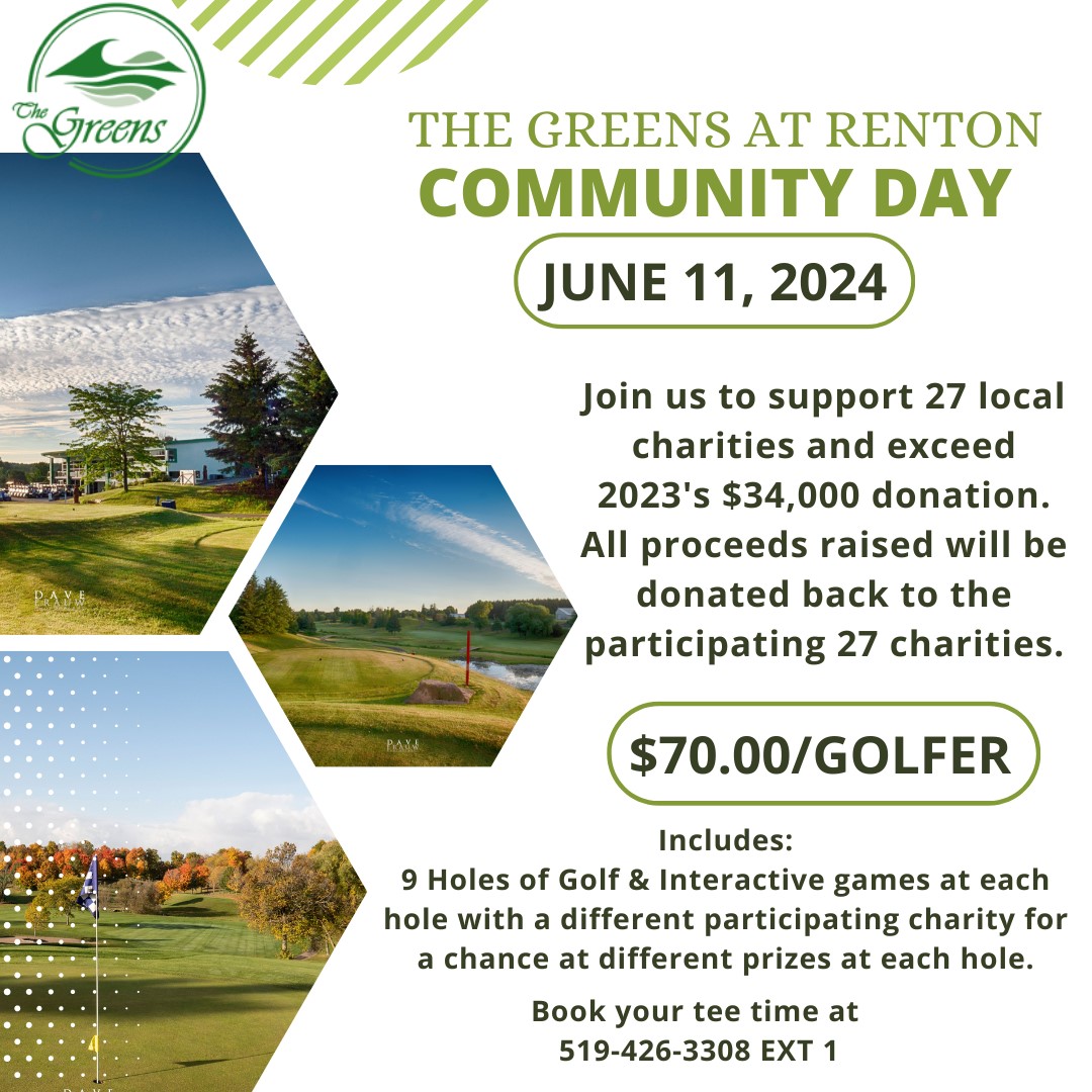 Let's come together on June 11th and make a meaningful difference to support 27 incredible local charities and raise $70,000. Book your tee times now with The Greens at Renton pro-shop at 519-426-3308 X 1 and tee off for a cause. greensatrenton.com/news