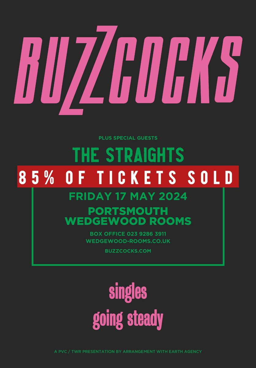 85% SOLD ❤️with just TWO WEEKS TO GO! Tickets are flying for this 🔥 don't miss the boat!! We are supporting the one and only @Buzzcocks at @WedgewoodRooms 🎵🍺 🎟️wedgewood-rooms.co.uk/events/2024-05…