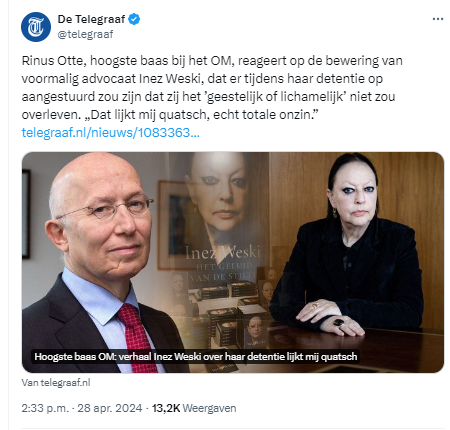 Kijk, dit is nu een mooi voorbeeld van een criminele organistie:

Otte, de hoogste baas van het OM, spreekt zich inhoudelijk uit over een zaak, de doodzonde, maar ipv zijn ontslag staat het in een artikel in de telegraaf.

Alsof het OM ook het recht van meningsuiting heeft en het