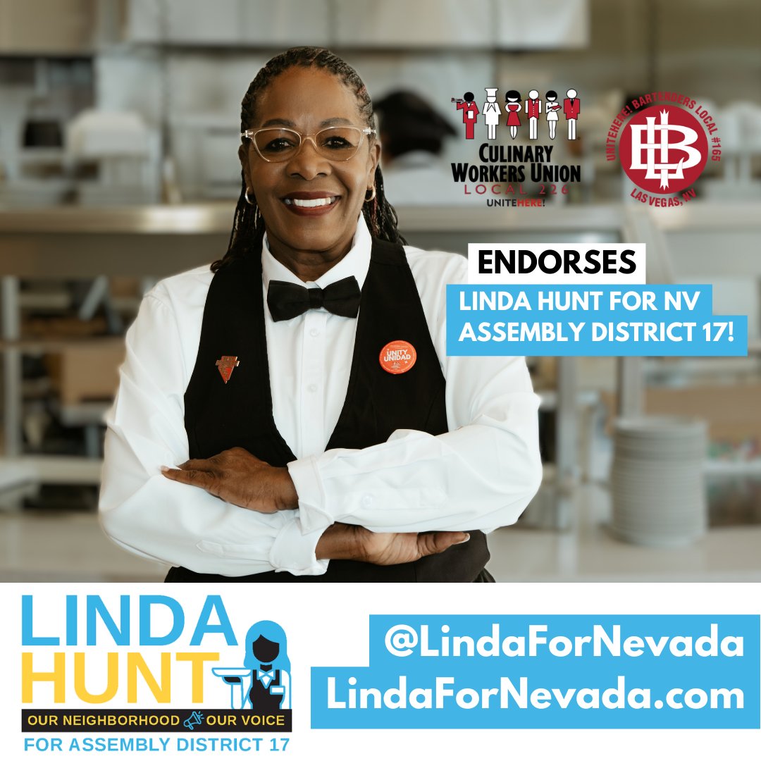 As a food server and 45-year @Culinary226 member, I am proud to be endorsed by the Culinary and Bartenders Unions. Thank you to my union family! Vote Linda Hunt for NV Assembly District 17! Early voting: May 25th-June 7th. My full endorsement list: LindaForNevada.com