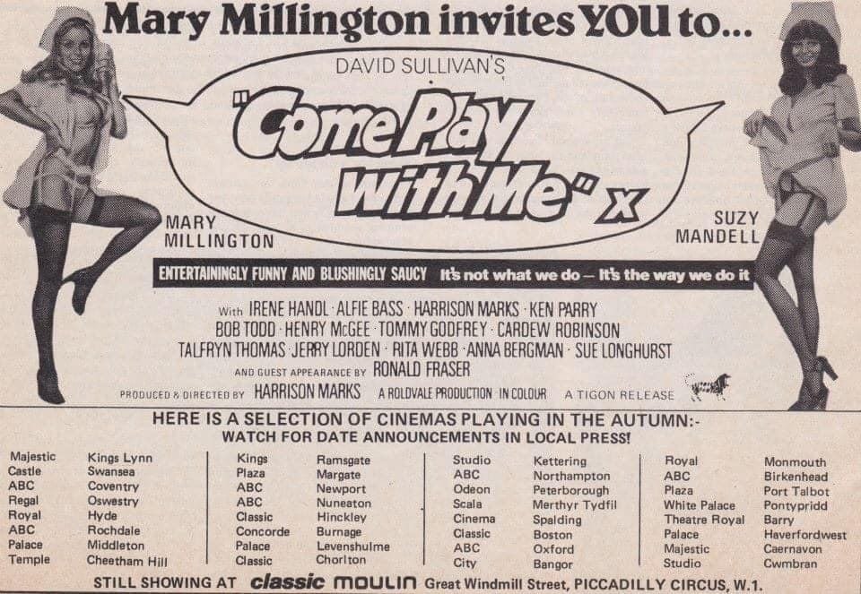Forty-seven years ago today, Mary Millington invited UK audiences to Come Play With Me... #ComePlayWithMe #MaryMillington #1970s #film #films #HarrisonMarks