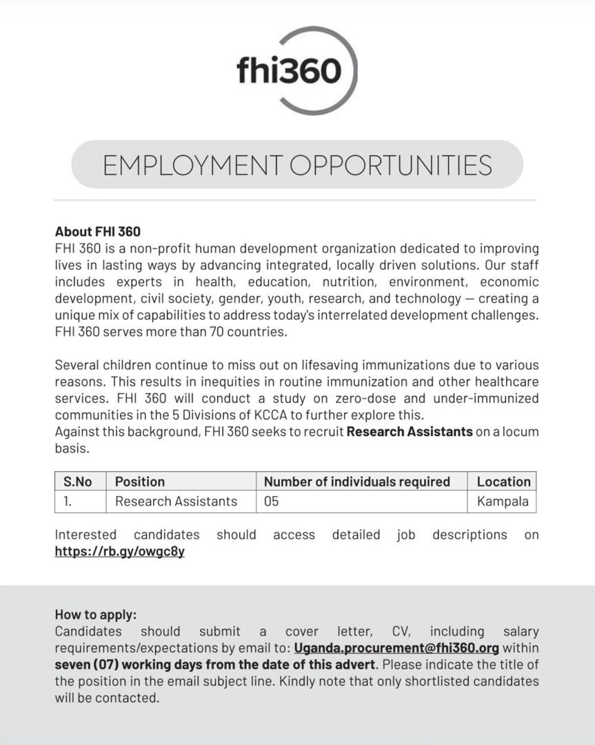 JOB OPPORTUNITY 📢 
Research assistants urgently needed to conduct research within Kampala. 
Details are attached below 

#jobclinicug #jobs #ApplyNow #hiring #careers #jobseekers