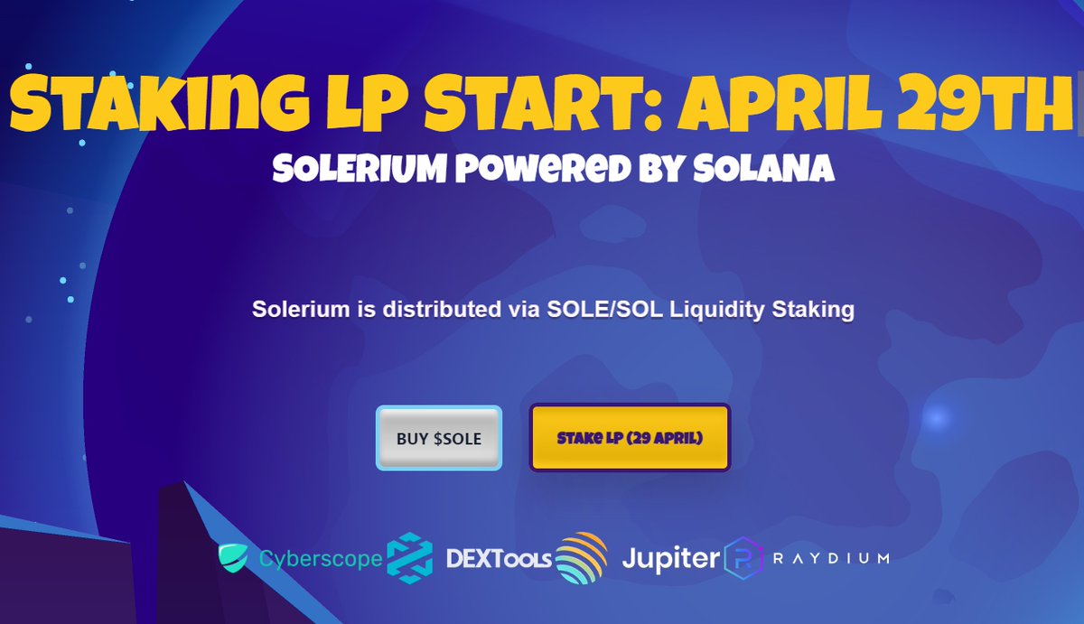 #Community Get Ready for Tomorrow's #Staking on April 29th!

1) Purchase #SOLE: [Buy Here] jup.ag/swap/SOL-H2fjX…

2) Head over to [Raydium] beta.raydium.io/liquidity/incr… and add Liquidity.

3) Once Staking is live, return to the Raydium page where you added Liquidity and navigate to