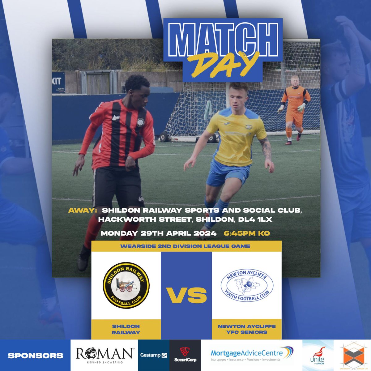 nayfc_seniors's tweet photo. 🔵Monday Night Football 🔵 
A local derby as we make the short trip to neighbours Shildon Railway, with 1 point needed to secure the title.
🗓️Monday 29th April
⏰6.30pm
🏆Wearside Division 2
🏟️Shildon Railway Sports &amp; Social Club, DL4 1LX
🎟️Free
Come and support the lads https://t.co/VdHyR8Zc3T
