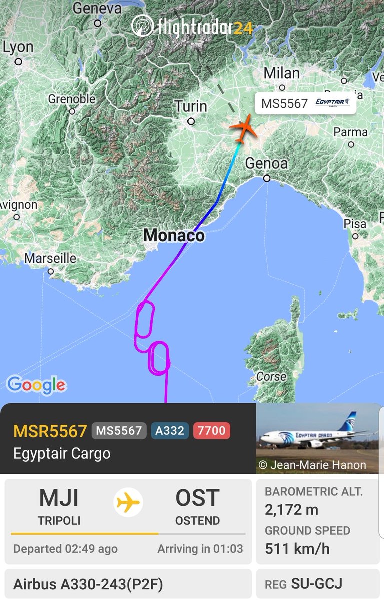 b737m's tweet image. 🚨🚨🚨 #Emergency_Landing
#Squawk alert 7700
#Egyptair Cargo 🇪🇬
MSR5567 / MS5567
#Airbus a330-243(P2F)
Reg: SU-GCJ
From #Tripoli 🇱🇾 to #Ostend 🇧🇪
Diverting to #Milan Airport  🇮🇹

.