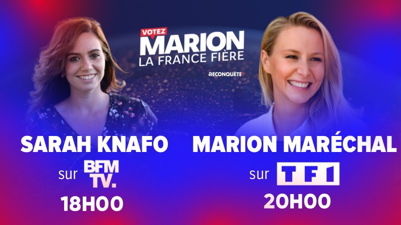 Très belle entrée en matière médiatique et publique pour @knafo_sarah et ce malgré la mauvaise foi habituelle de @Ben_Duhamel sur @BFMTV. Et la patronne @MarionMarechal ce soir à 20h sur @TF1 ! Avec ces 2 femmes courageuse, vive la Reconquête et vive la France ! #AvecMarion