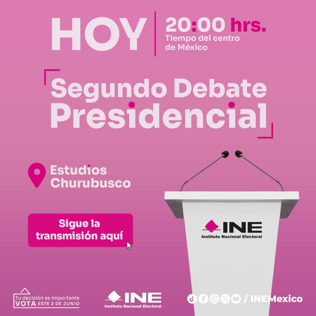 🎙️Hoy es el segundo #DebateINE entre las candidaturas a la Presidencia de la República, conoce sus propuestas para ejercer tu #VotoInformado.  
Siguelo a través de las redes sociales del @INEMexico y por 📻📺. 
👉 @Est_Churubusco 28-abr - 20:00 hrs. 
#VivamosLaDemocracia