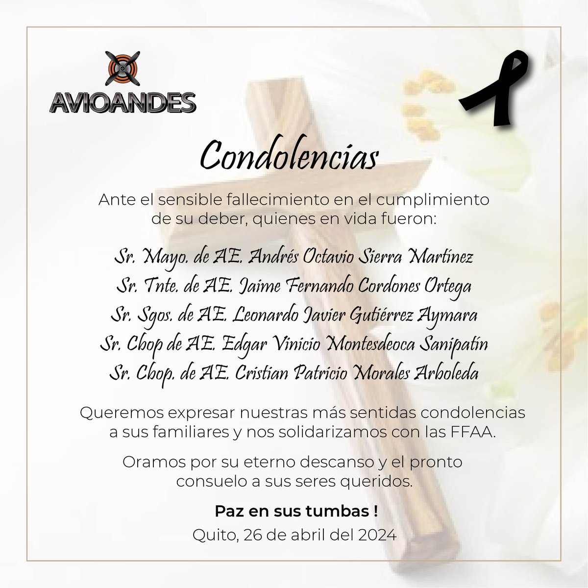 Avioandes de solidarizada con las #FFAAECUADOR y con los familiares de quienes perdieron su vida en el cumplimiento del deber. 🕊️
#FuerzasArmadasec #EjercitoECU