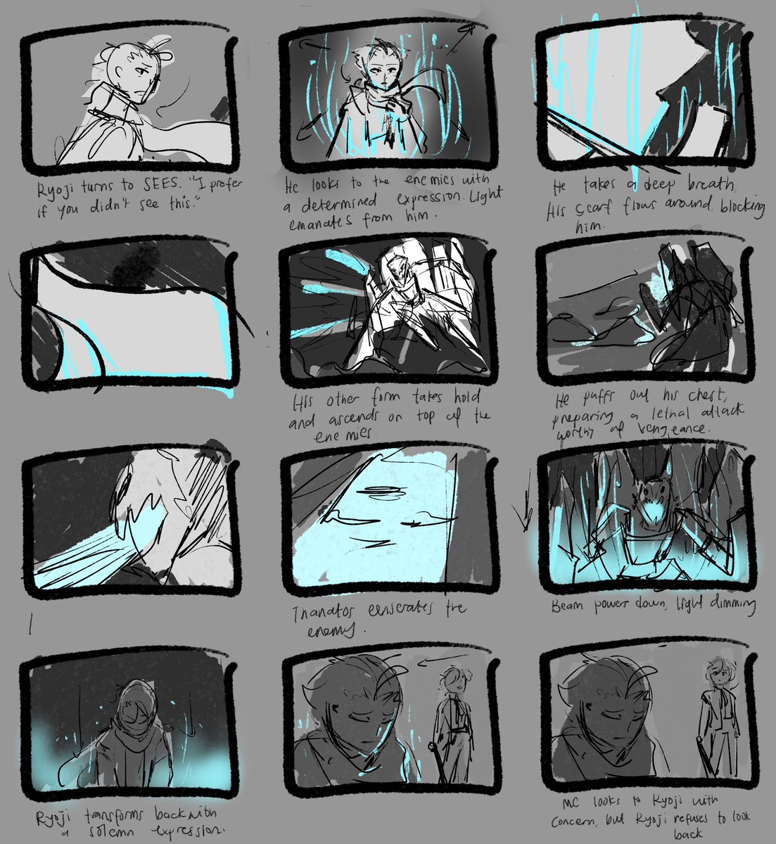sooo im cooking up my own take of the sees ryoji au and heres a sketchy preview + quick storyboard for a potential theurgy concept :’))) 

#ryojimochizuki #persona3reload #p3