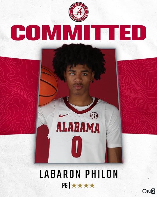🚨Breaking🚨BOOM! Alabama has landed a commitment from elite lead guard @LabaronPhilon. The national top 35 prospect committed to @nate_oats while on his visit to the Capstone this weekend. Another massive get for the UA 2024 class. 🗞️tinyurl.com/4e6dum4c #RollTide